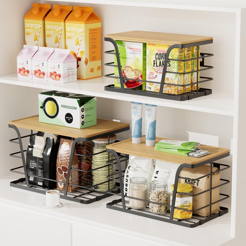 TIDIIABODE Store 3 Pack Stackable Pantry Organizer, Trash Bag Dispenser Under Sink, Kitchen Organization and Storage, Kitchen Counter Organizer, Black - Image 3